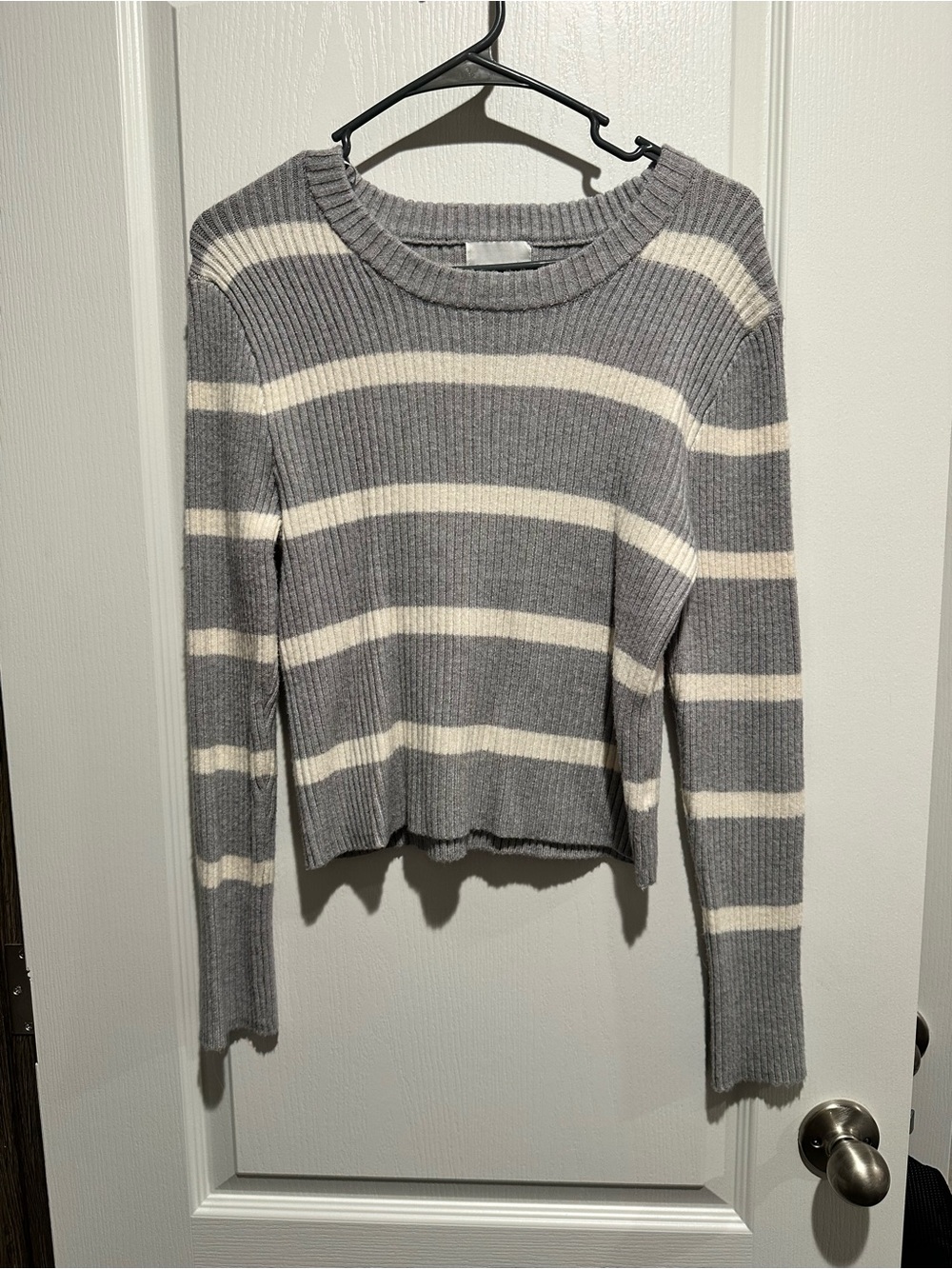 Pink Rose Striped Rib-Knit Crewneck Sweater - Gray & Cream